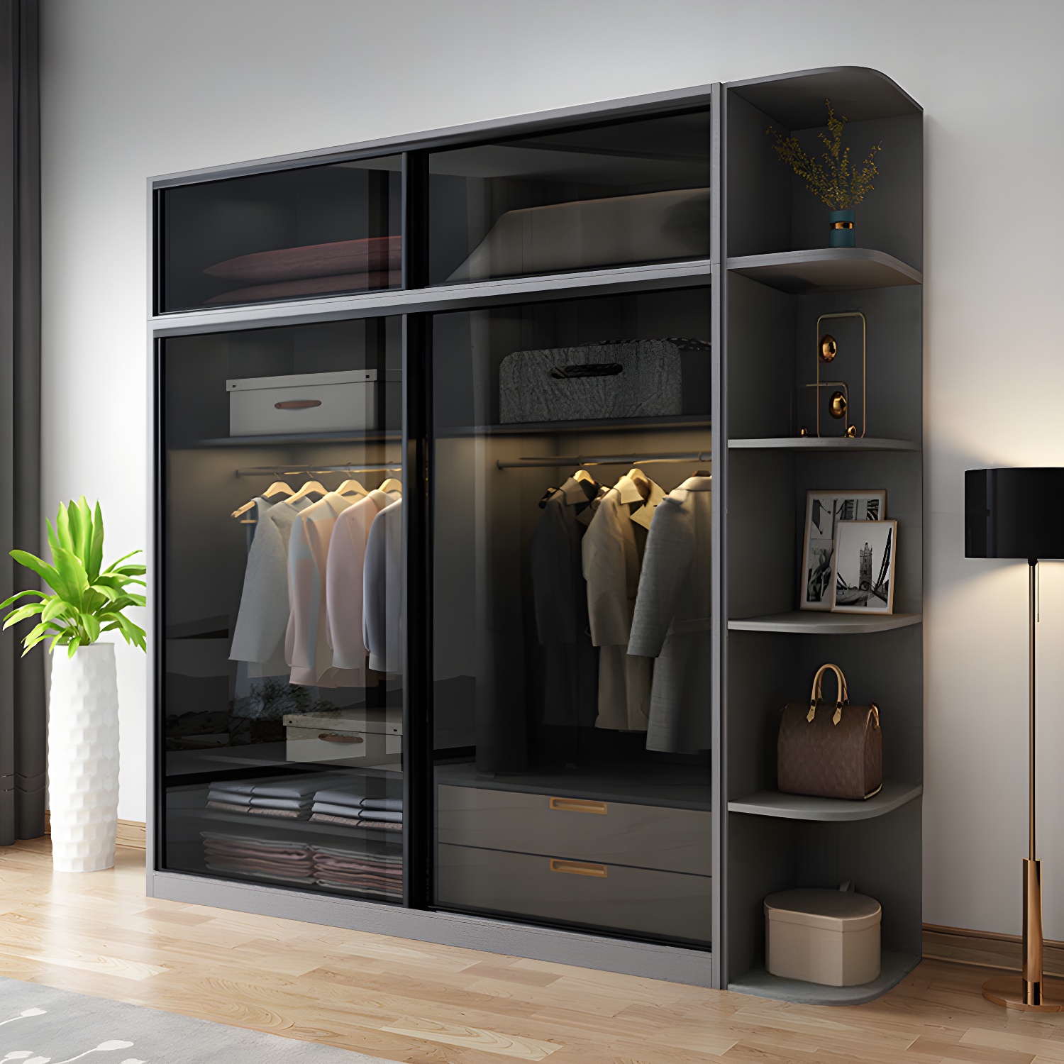 Black Wardrobe Cabinet Contemporary Glass Wardrobe Armoire for Home - image 3