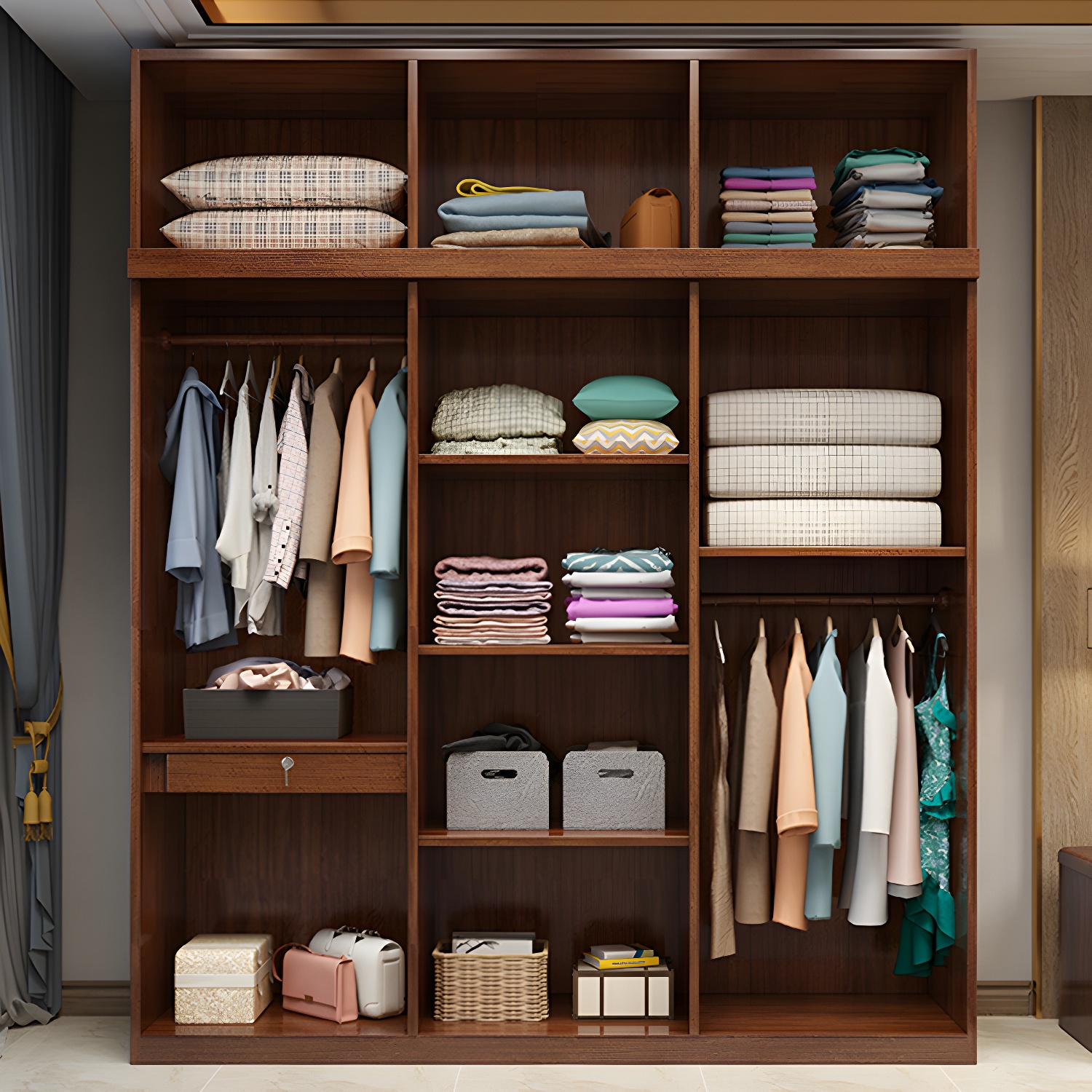 Wood Brown Rustic Wardrobe Armoire with Drawers & Shelves, Walnut Finish