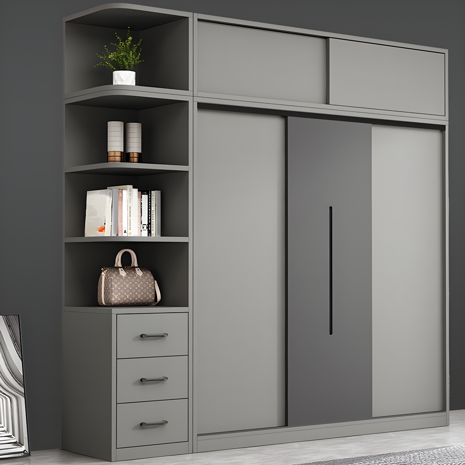 Contemporary Wood Grey Cloth Rod Included Wardrobe with Shelves - image 12