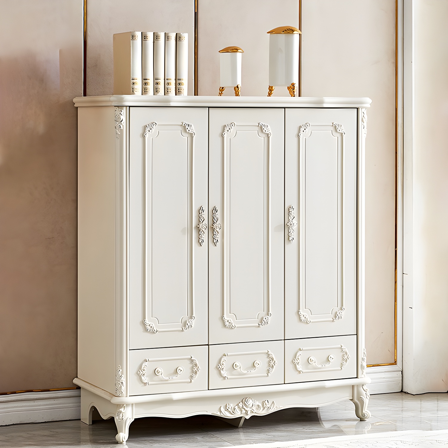 French Country white Wood Wardrobe Armoire with Soft-Close Drawers & Adjustable Shelves