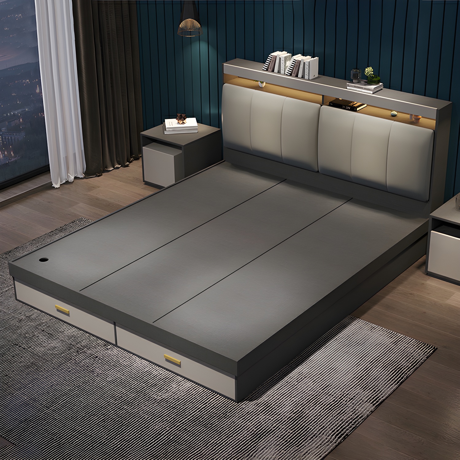 Modern Upholstered Headboard Bed with Storage and Patchwork Design - image 4