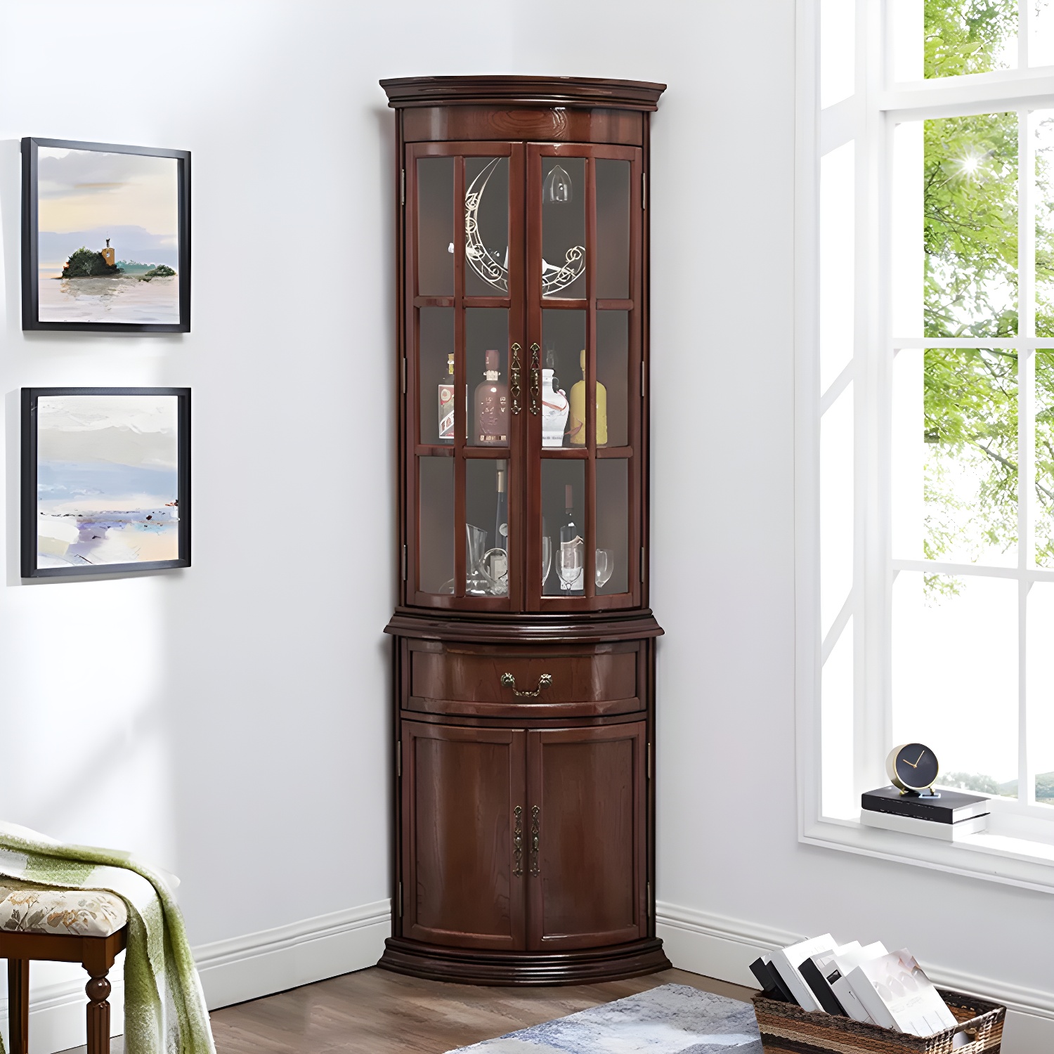 Corner Mid-Century Modern Accent Cabinet with Wood Countertop and Glass Doors - image 10