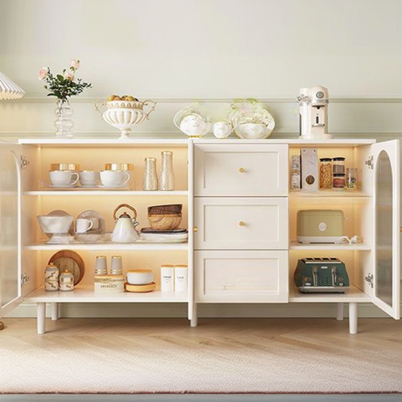 White Trendy Sideboard with 3 Drawers, Narrow/Standard Size, 3/6 Shelves, Lumber Countertop, and Glass-panel Door - image 2