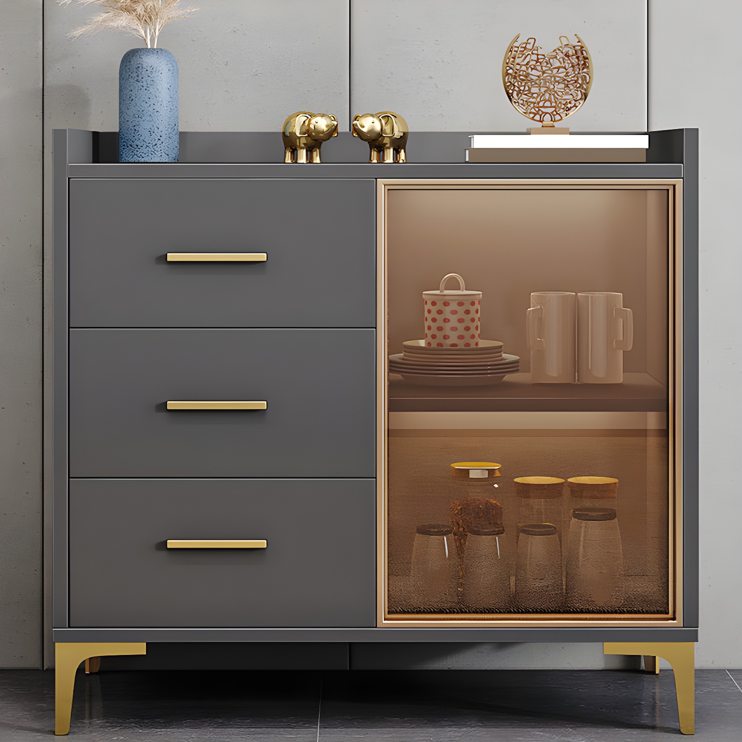 Wood Glass Doors Contemporary Style Buffet Sideboard with Cabinets and Drawers - image 4
