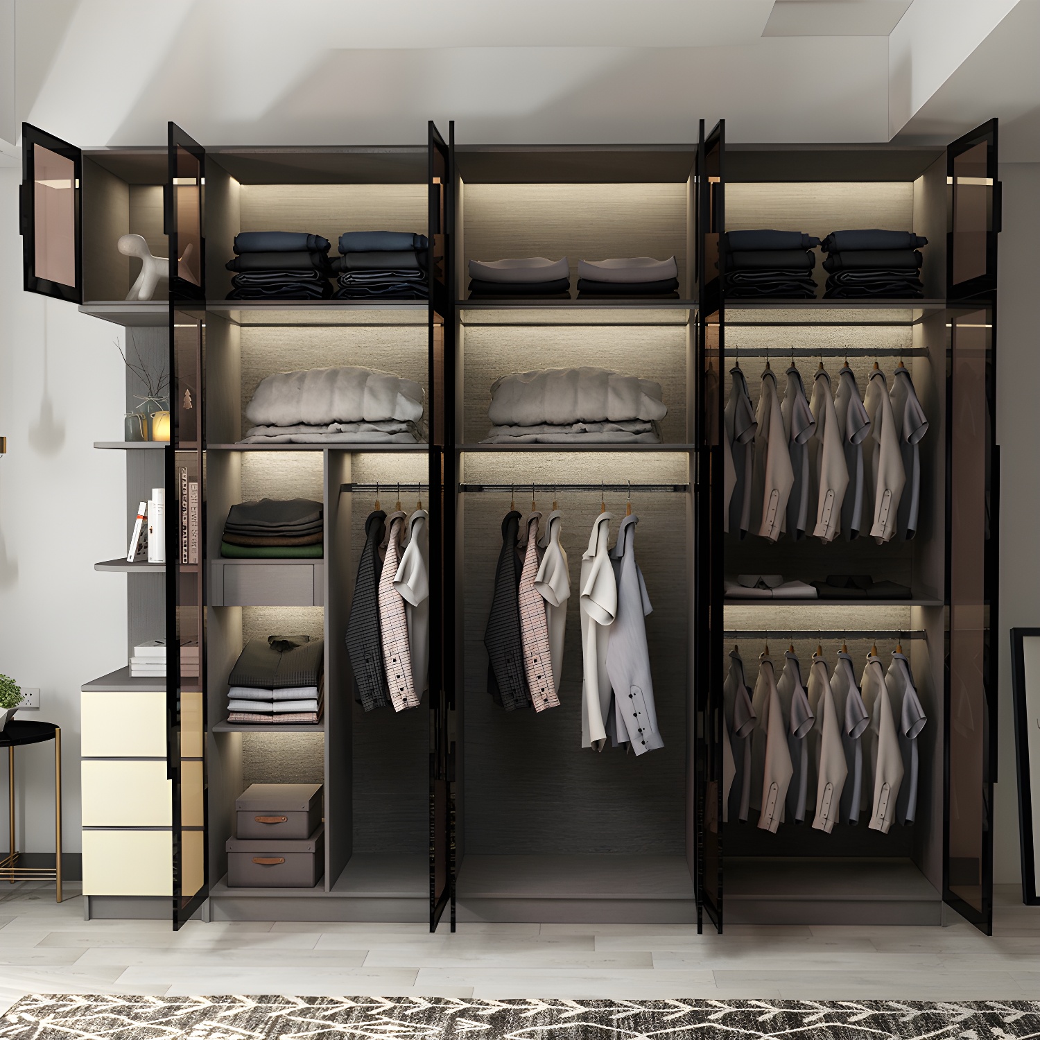 Modern Glass Hinged Doors Wardrobe Armoire Wood Frame Wardrobe with Shelves without Light - image 10