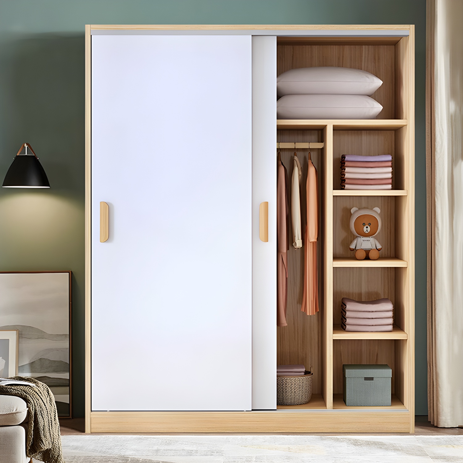Contemporary Wood Wardrobe Armoire with Sliding Doors, Clothing Rod, and Interior Shelves - image 8