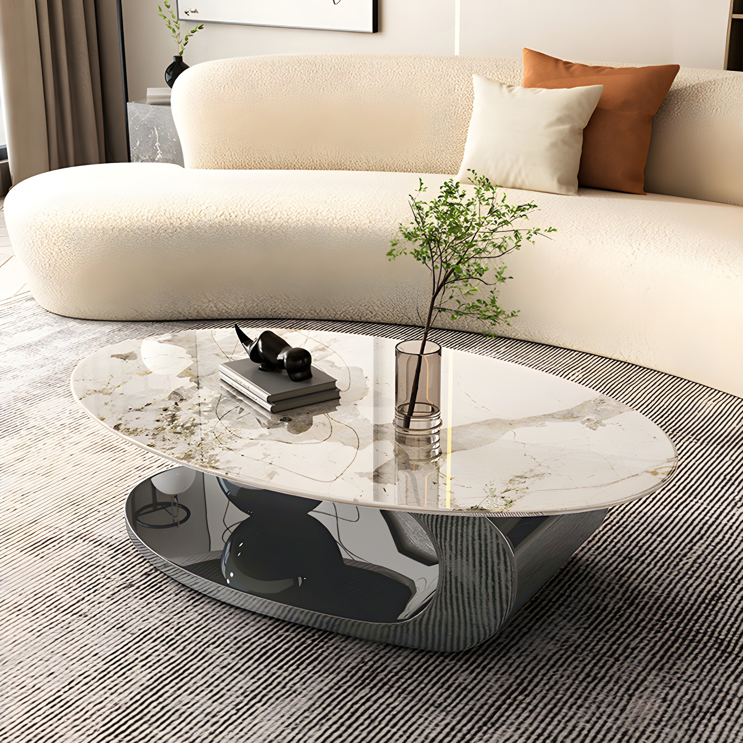 Oval Coffee Table with Stainless Steel Base Made of Rock Sheet - image 3