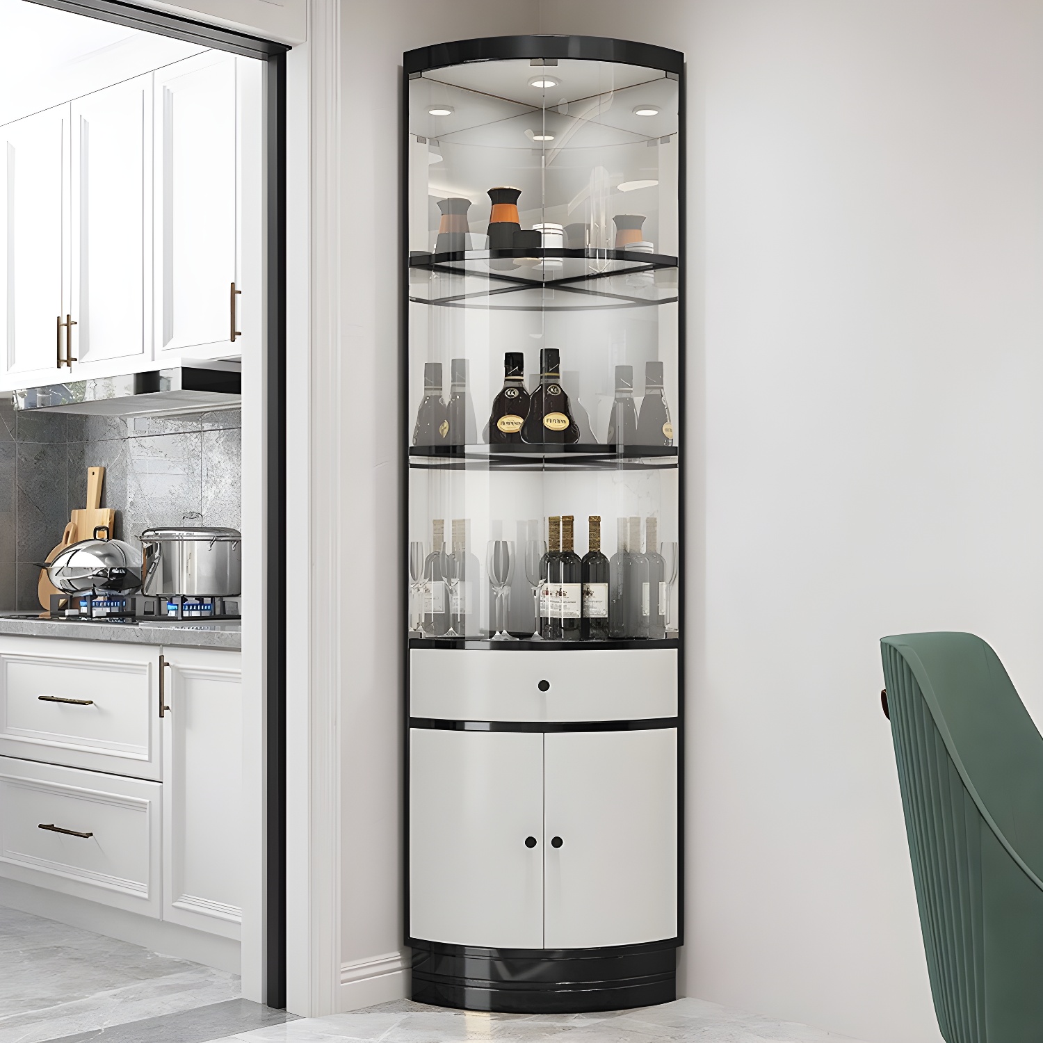 Corner Modern Accent Cabinet with Wood Counter Top, Glass Doors, and Metal Base - image 3