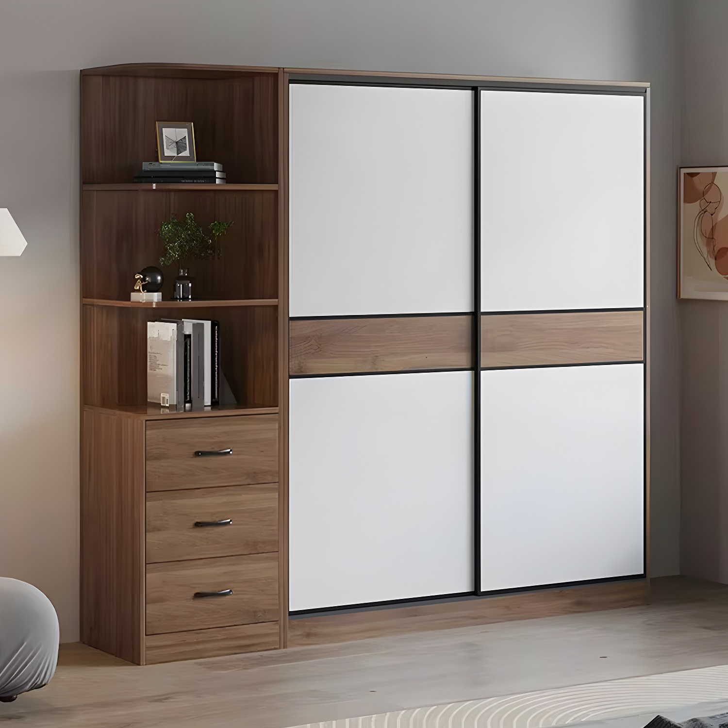Modern Brown Wood Wardrobe Armoire with Sliding Doors, Shelves, and Clothing Rod - image 3
