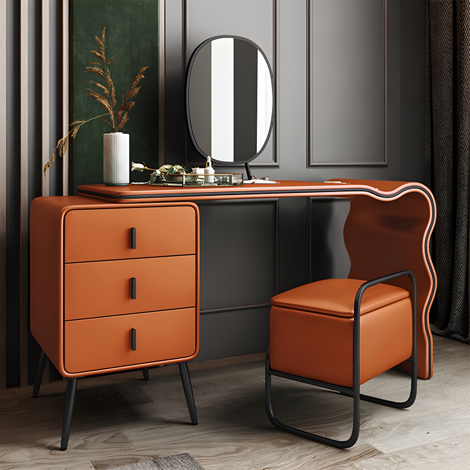 3 Drawers Make-up Vanity Set, 28.74" H Leather Vanity with Stool & Mirror - image 22