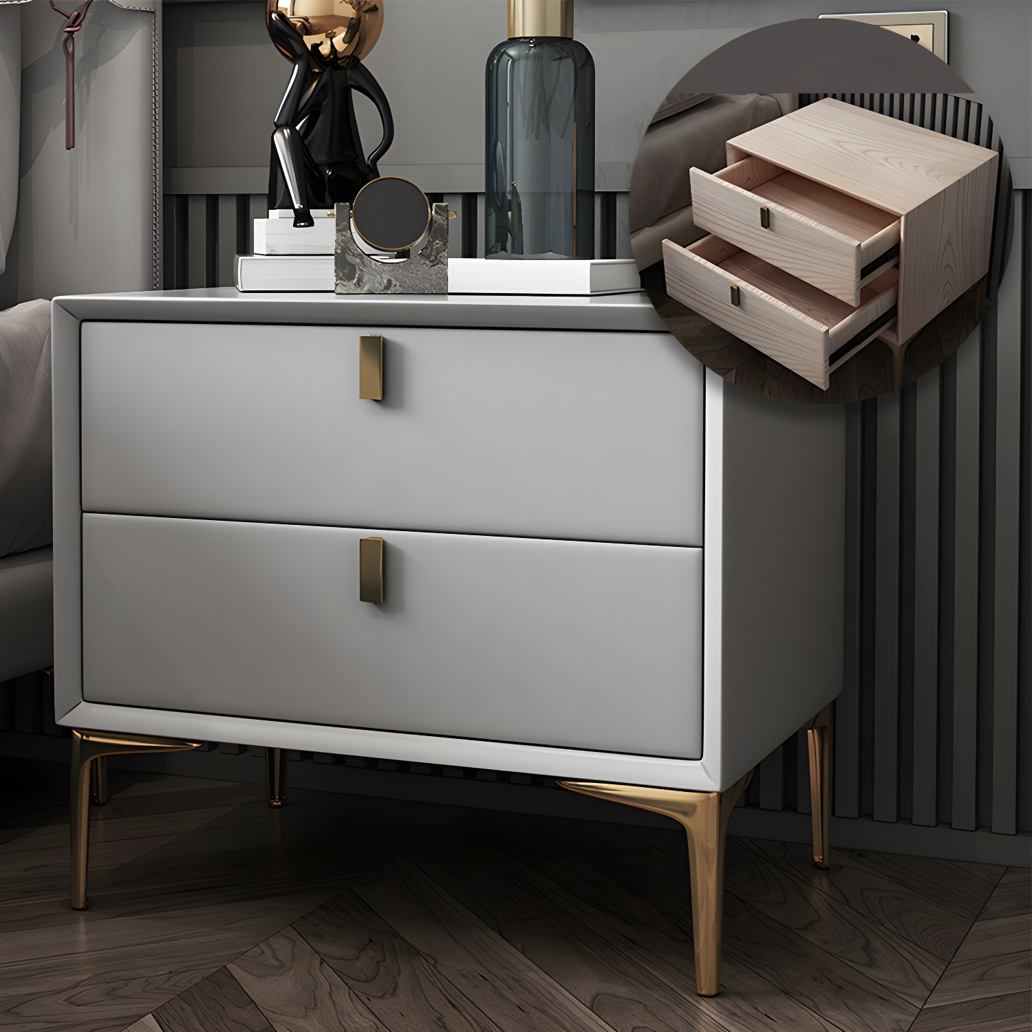 2 Drawer Solid Wood Modern Night Table Drawer Storage Bed Nightstand - image 10