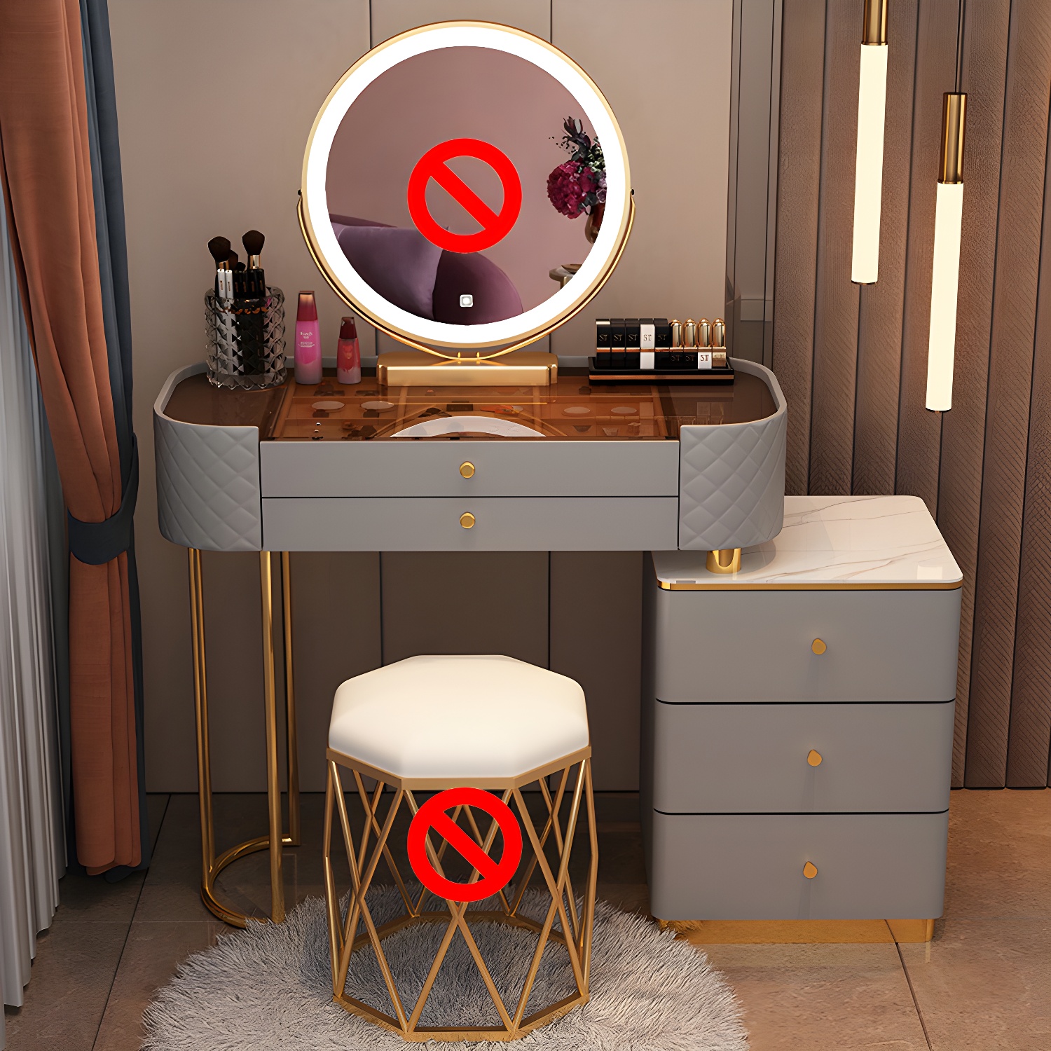 Lighted Mirror & Jewelry Makeup Vanity Metal Dressing Table Stool Set