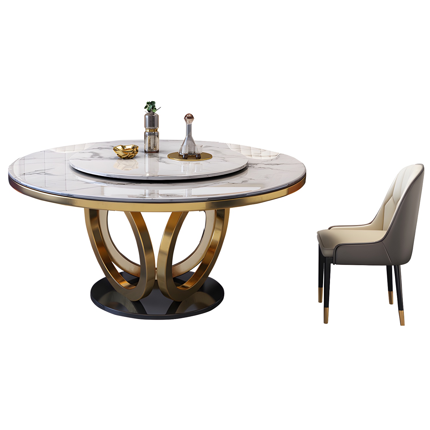 Glamorous Round Marble Dining Set with Gold Metal Pedestal Base and Upholstered White Chairs - image 5