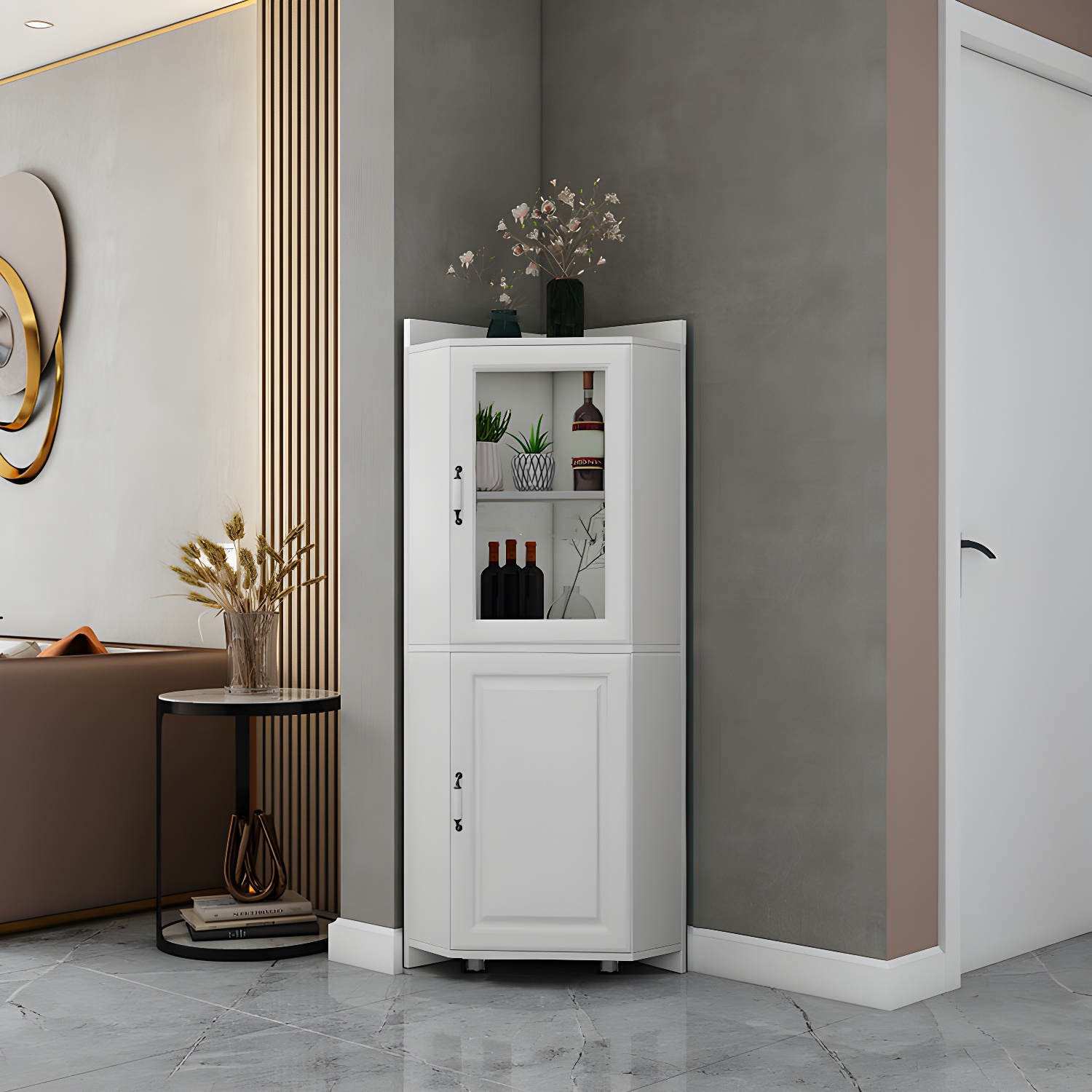 Modern White Corner Accent Cabinet with Glass Doors and Adjustable Interior Shelves - image 3
