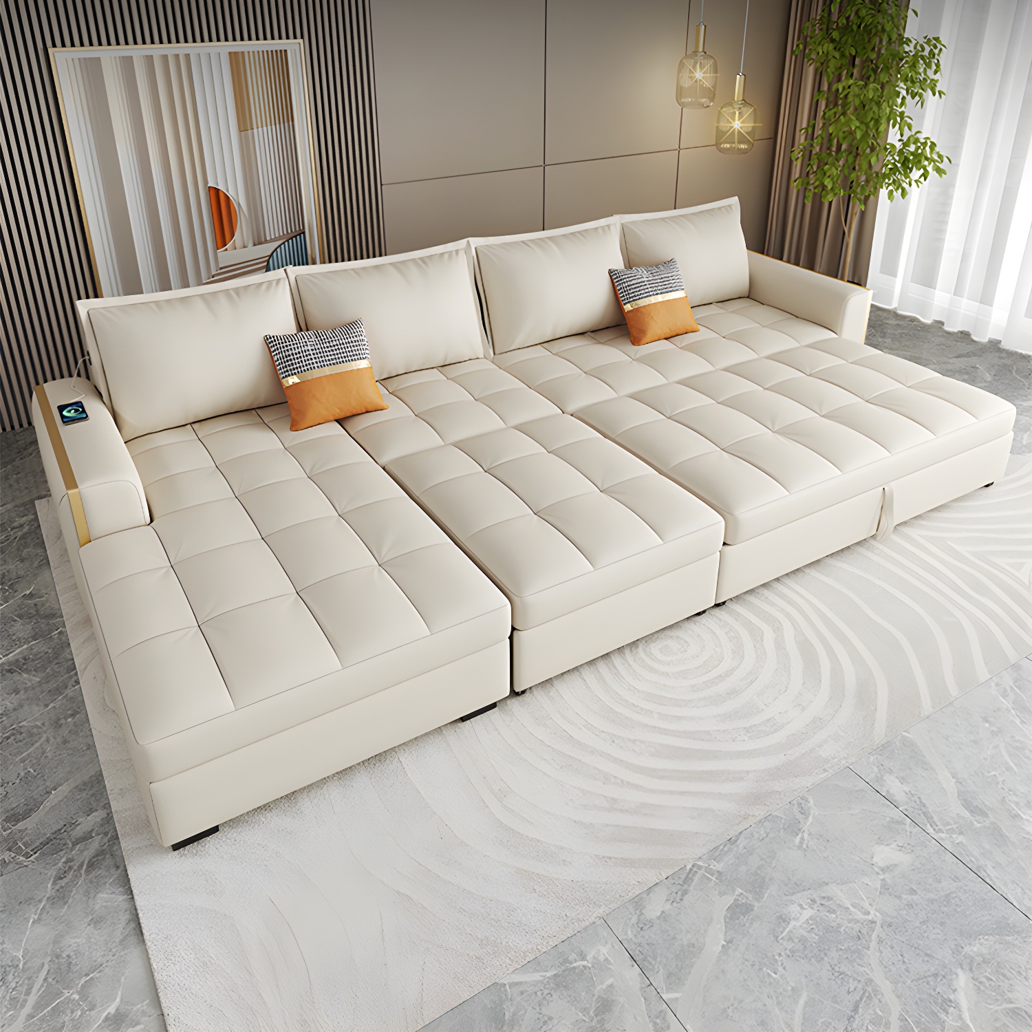 White Modern Sofa Bed with Storage USB Charging Convertible Sectional - image 4