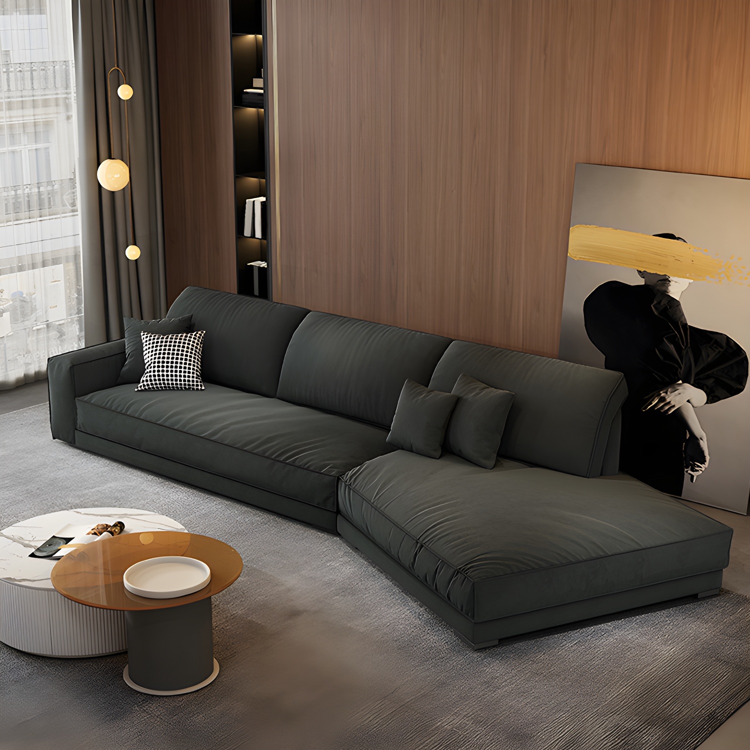 Modern Gray Polyester Blend Stationary Sectional Sofa with Square Arm and Cushion Back