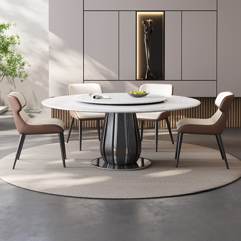 Circular-shaped Slate Stone Dining Table Set with Stump Base, Upholstered Back Chairs, Seats 6 People - image 3