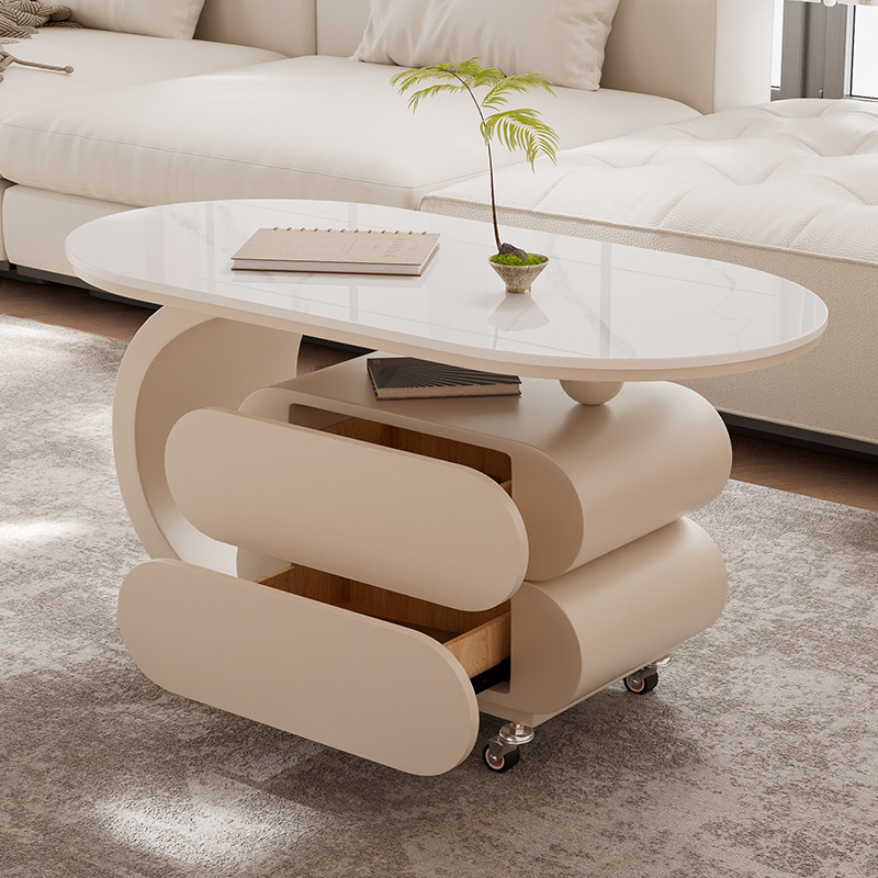 Simplistic Oblong Side Table with Wheel Base, Swivel Wheels, and Drawers - image 5