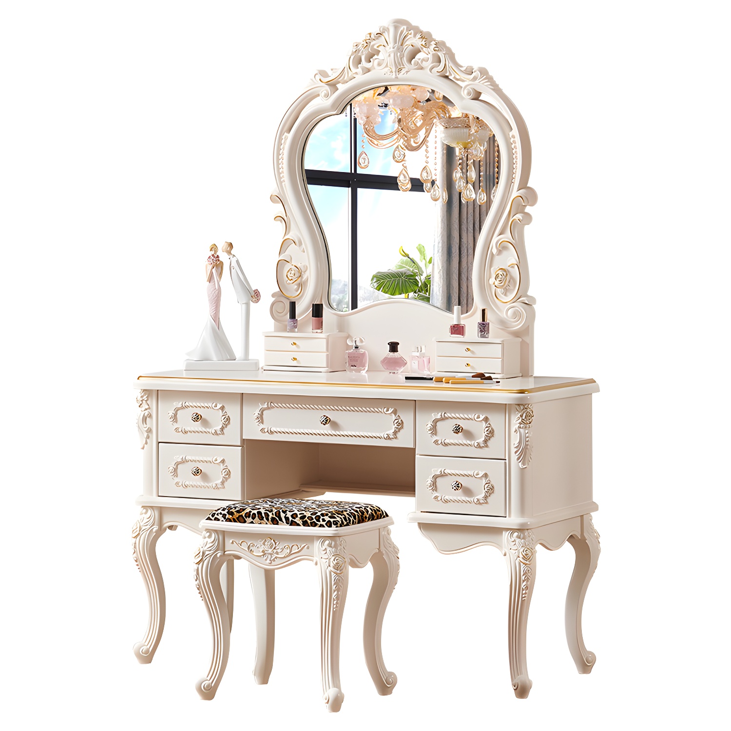 Victorian Make up Table Stool Set with Mirror and Drawers for Bedroom - image 7