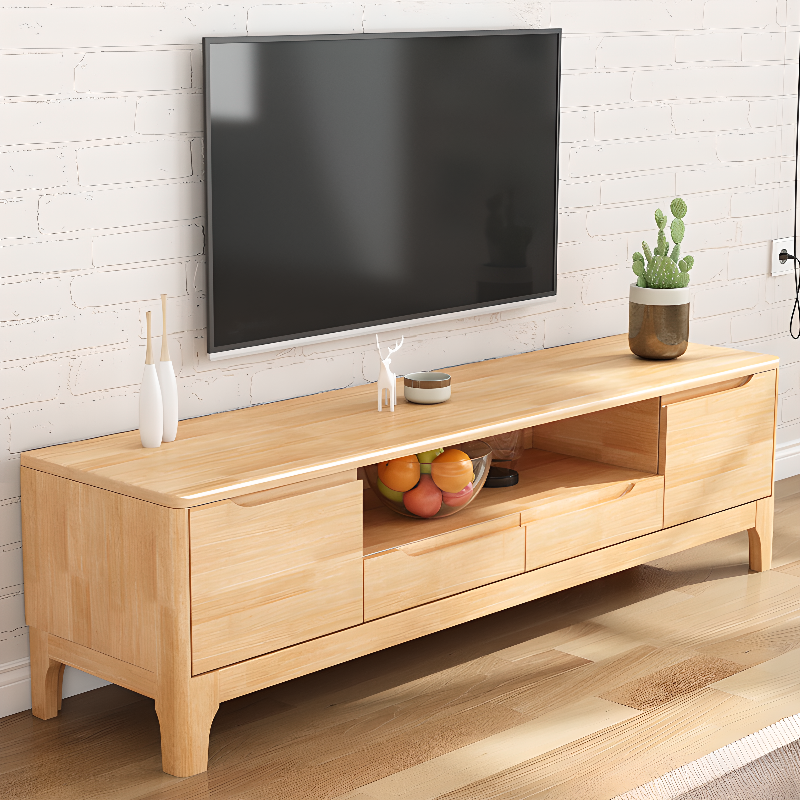 Art Deco Natural Wood TV Stand with 2 Drawers, 2 Cabinets, and Visible Storage - image 5