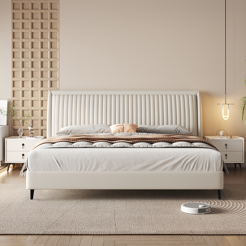 Solid Color Timber Frame Cabinet Bed/Platform Bed with Genuine Leather Headboard for Bedroom