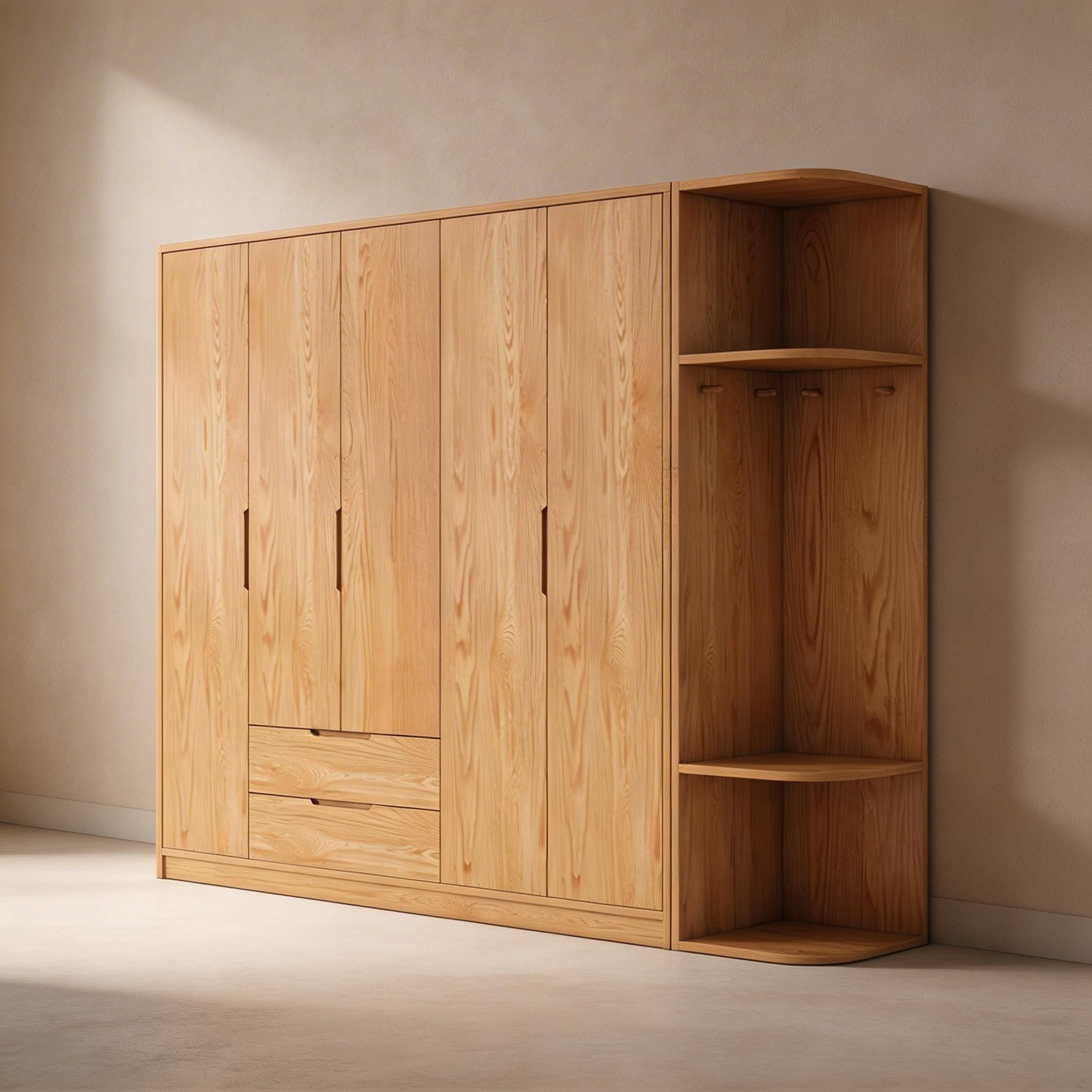 Modern Natural Wood Wardrobe Armoire with Sliding Doors, Drawers, and Shelves - image 85