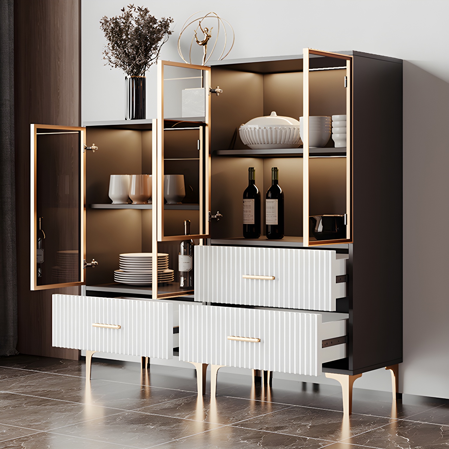 Contemporary Sideboard Cabinet for Dining Room with Glass Doors & Drawers Included - image 6