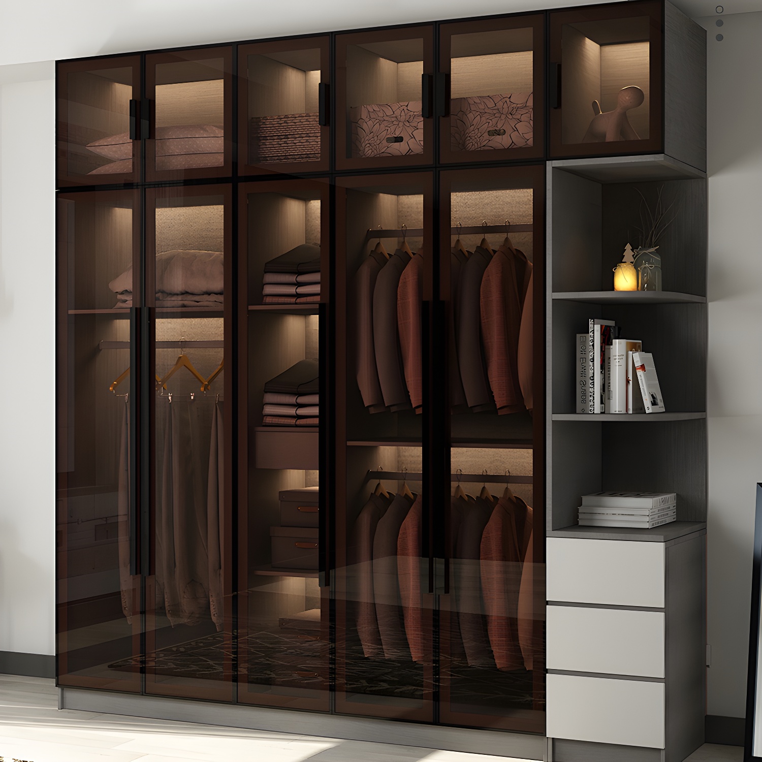 Modern Glass Hinged Doors Wardrobe Armoire Wood Frame Wardrobe with Shelves without Light - image 3