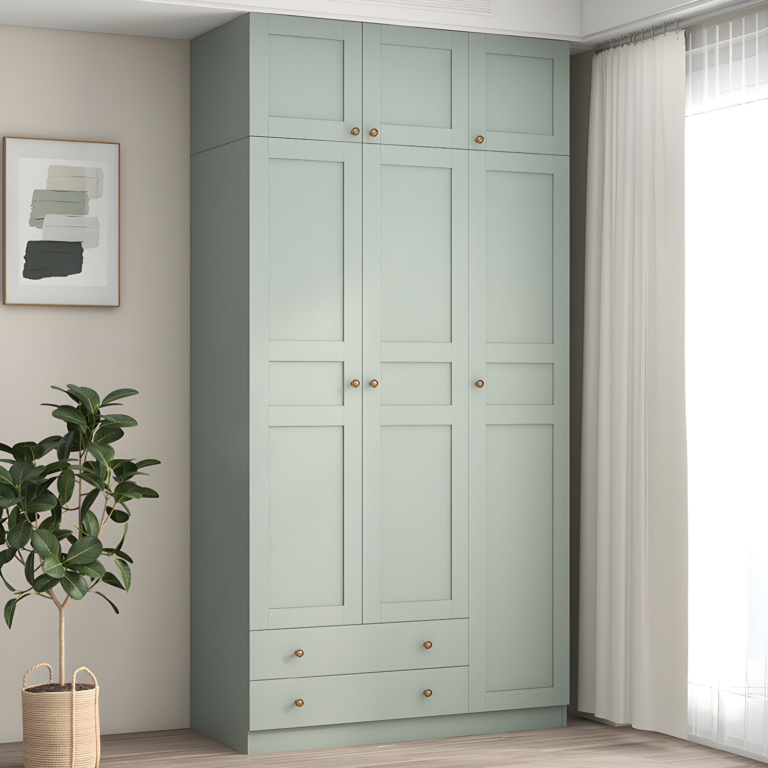 Modern Green Wood Wardrobe Armoire with Soft-Close Drawers & Clothing Rod - image 3
