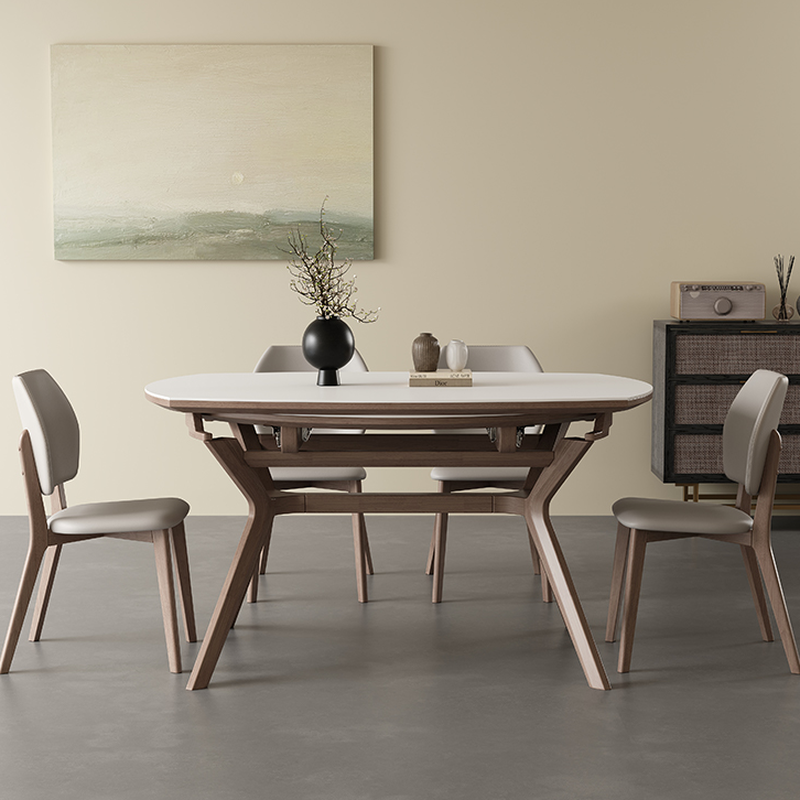 Minimalist Rounded Slate Dining Table Set with 4 Legs, Fold-away Leaf, and Light Gray/White Finish - image 5
