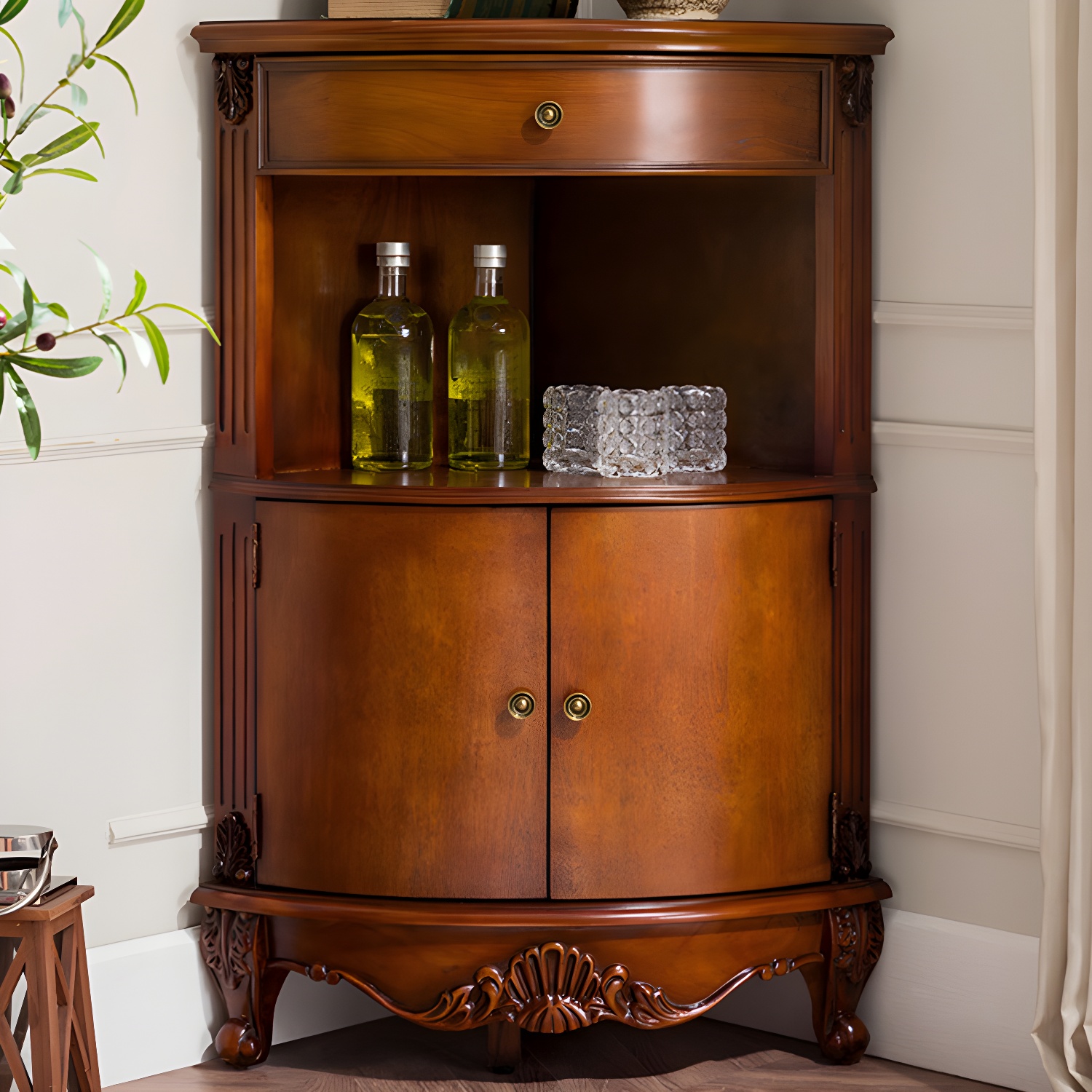 Mid-century Modern Brown Corner Cabinet, Wooden Accent Cabinet with Shelves - image 15