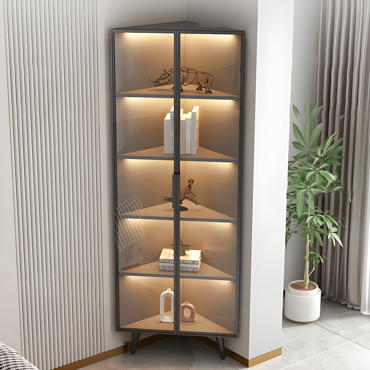 Corner Modern Accent Cabinet with Black Metal Base and Glass Doors, Black Wood Counter Top