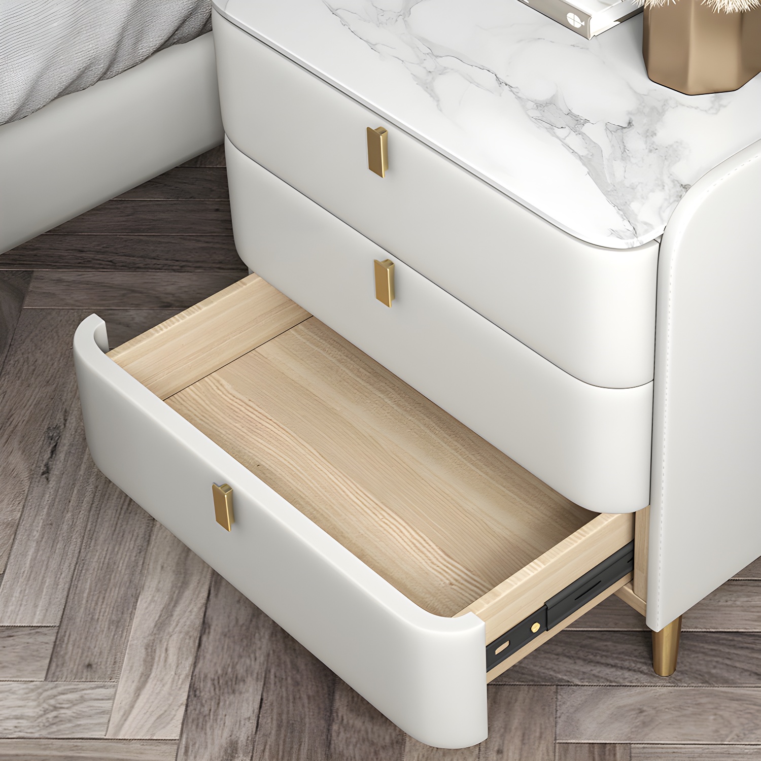 Stone Top Nightstand 3-drawer Leather Night Table with 4 Legs - image 17