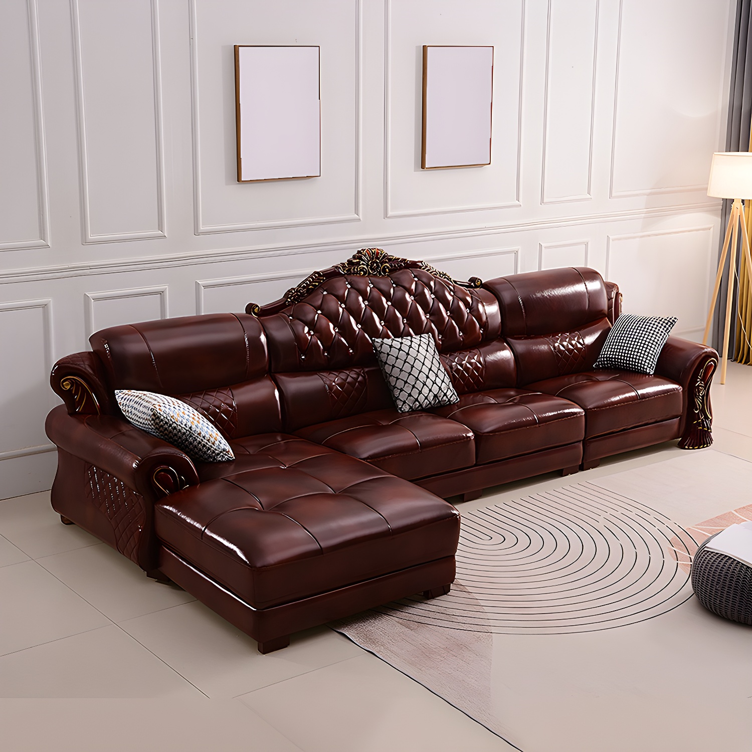 Genuine Leather Rolled Arm Sectional 36.22"High Camel Back Sofa, Dark Brown - image 3