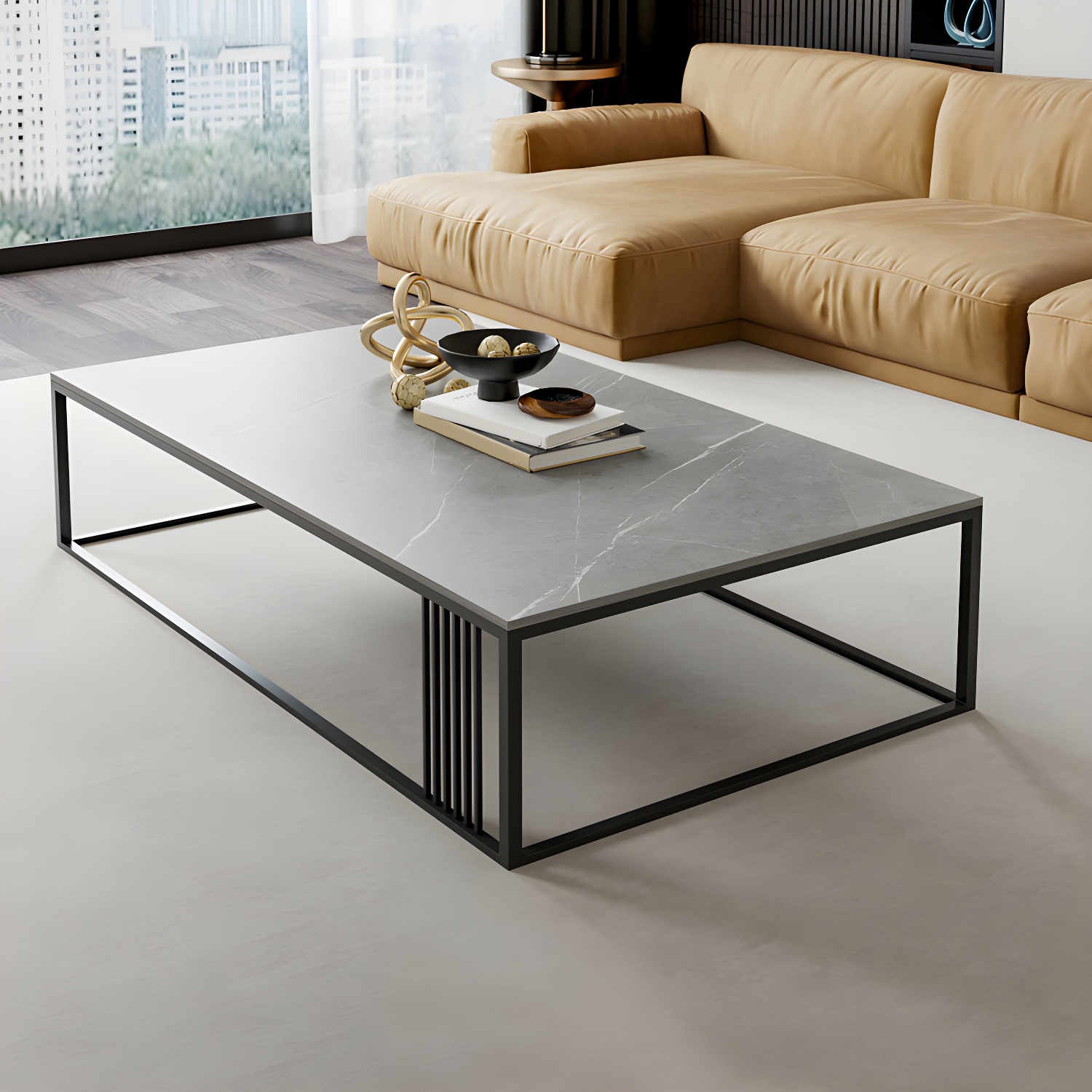 Metal Frame Rectangular Coffee Table Stone Top Cocktail Table