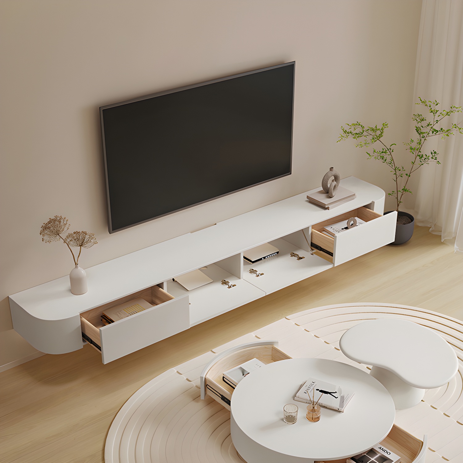 White Wall-mounted Media Stand with Drawers Contemporary TV Console, Faux Wood - image 11