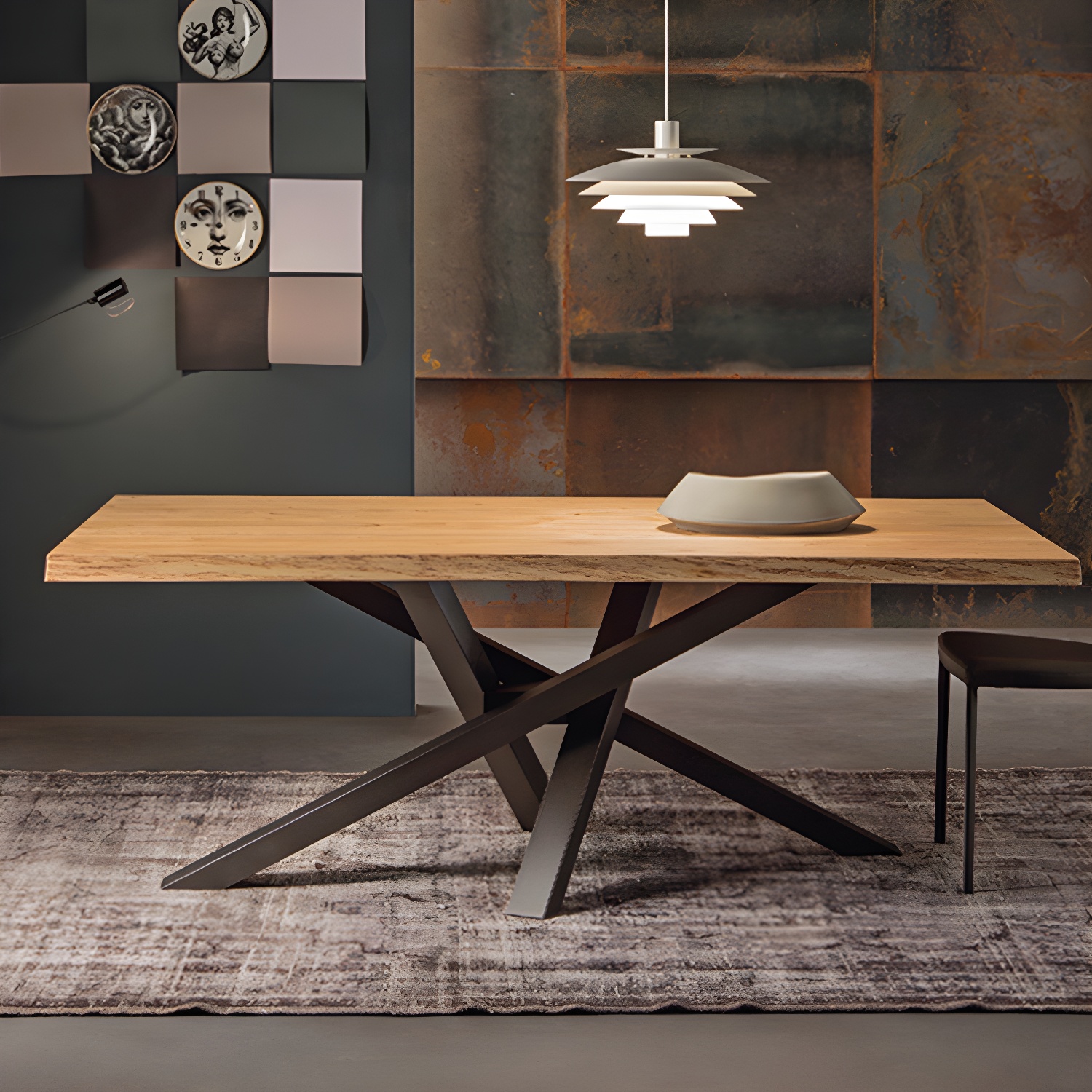 Pine Solid Wood Dining Table Single Pedestal Metallic Base Rectangle Table for Home