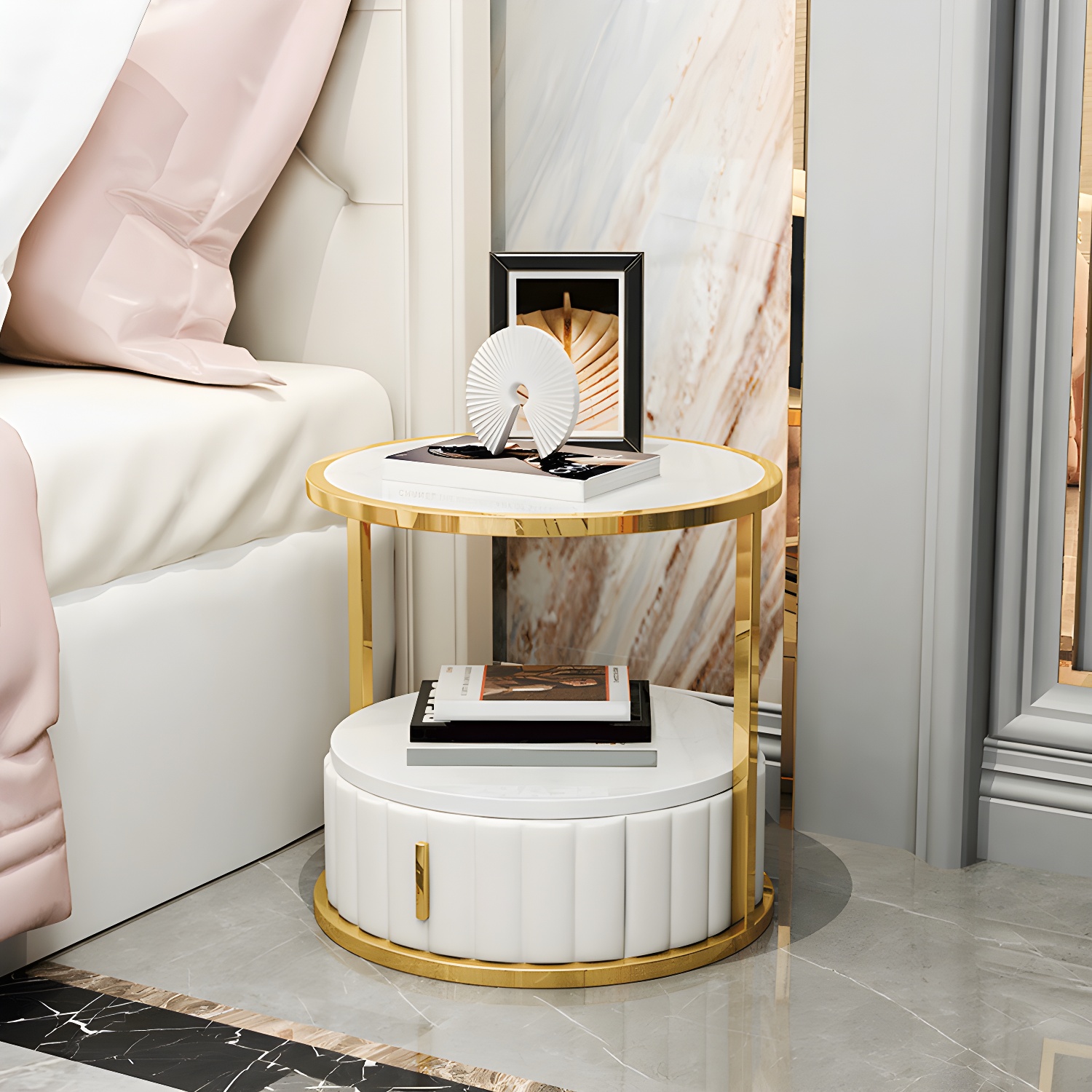 Modern Open Storage Nightstand Stone Top 20 Inch Tall 1-Drawer Night Table - image 3