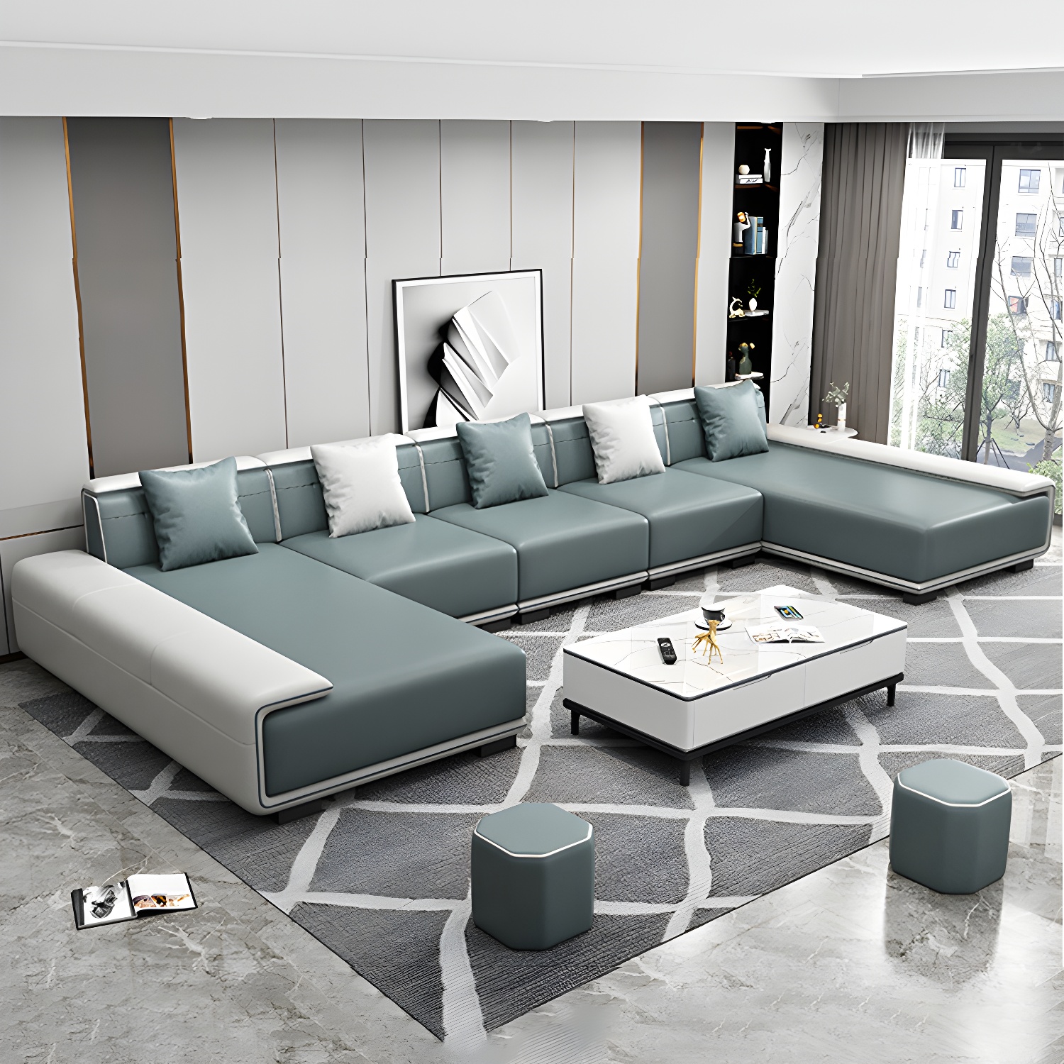 Faux Leather Sofa & Chaise with Pillows Modern U Sofa in Gray - 29.53" H - image 6