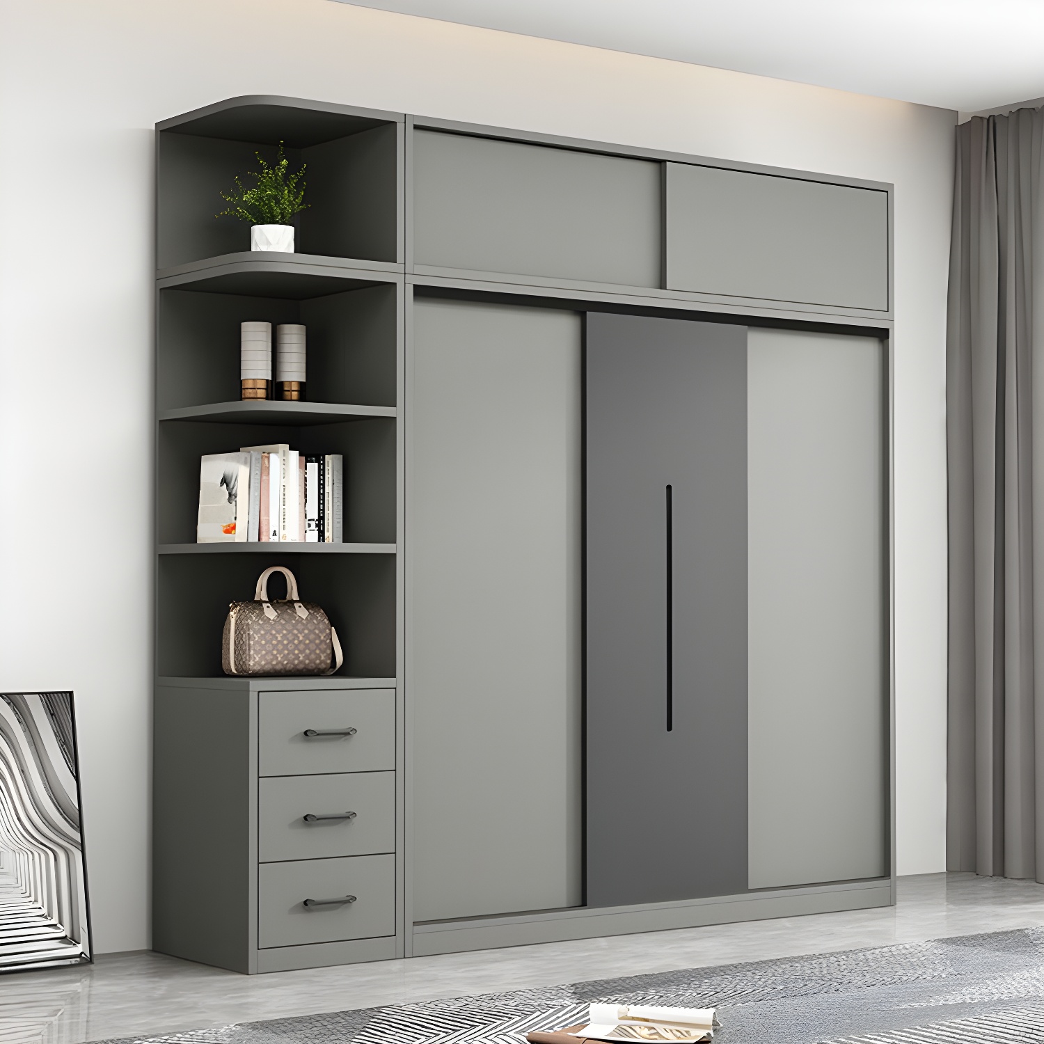Contemporary Wood Grey Cloth Rod Included Wardrobe with Shelves