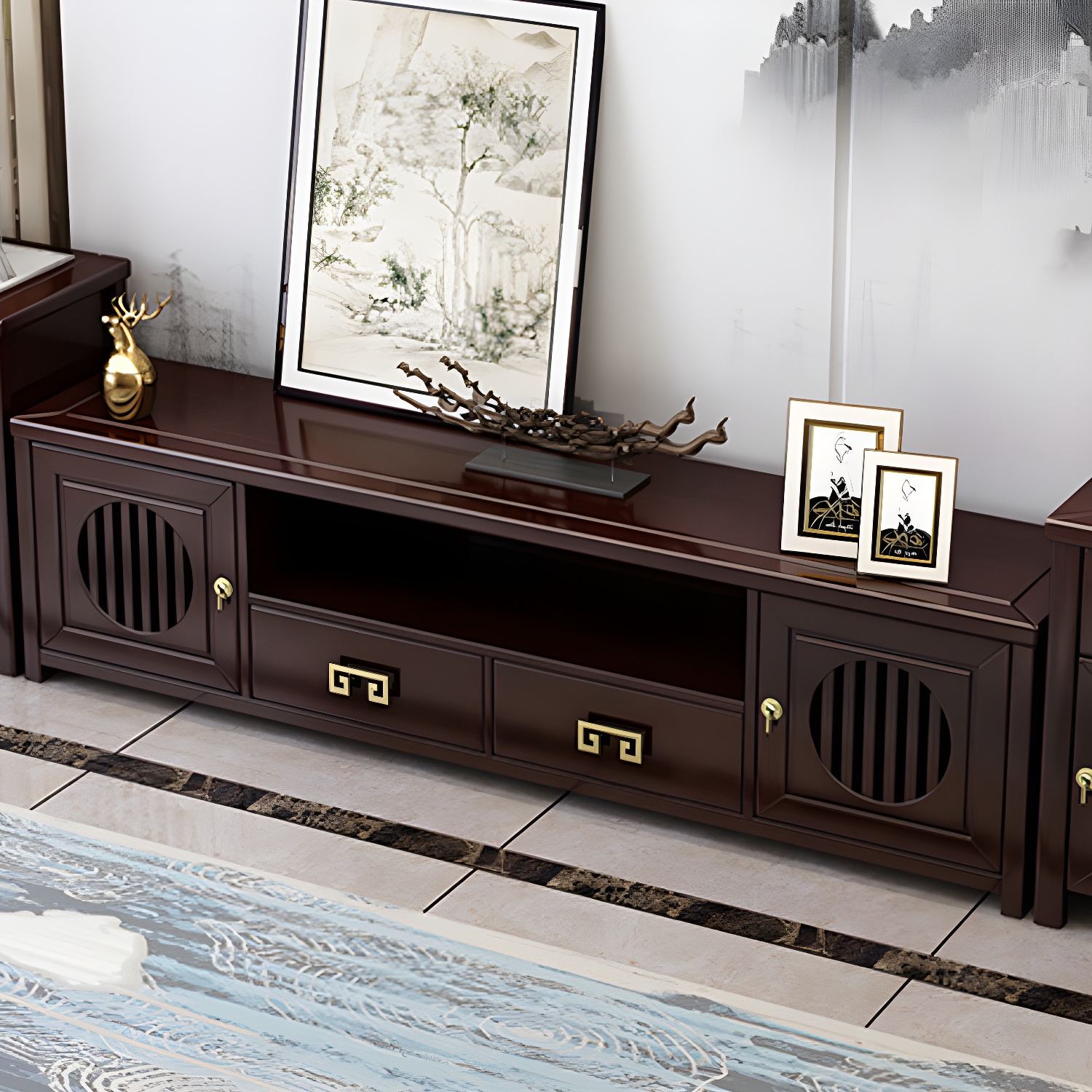 Solid Wood TV Cabinet Traditional Style Household Simple Open TV Stand Console