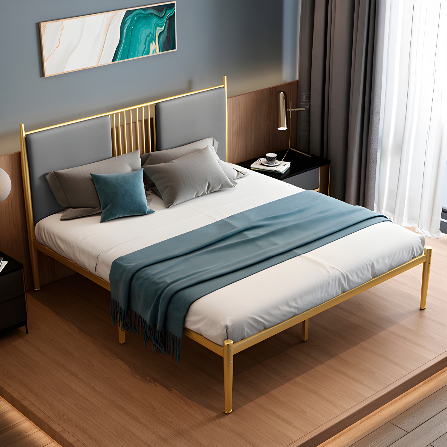 Golden Metal Bed Frame Set Glam 47.24" H Wire-Grid Open-Frame Bed with Headboard - image 5