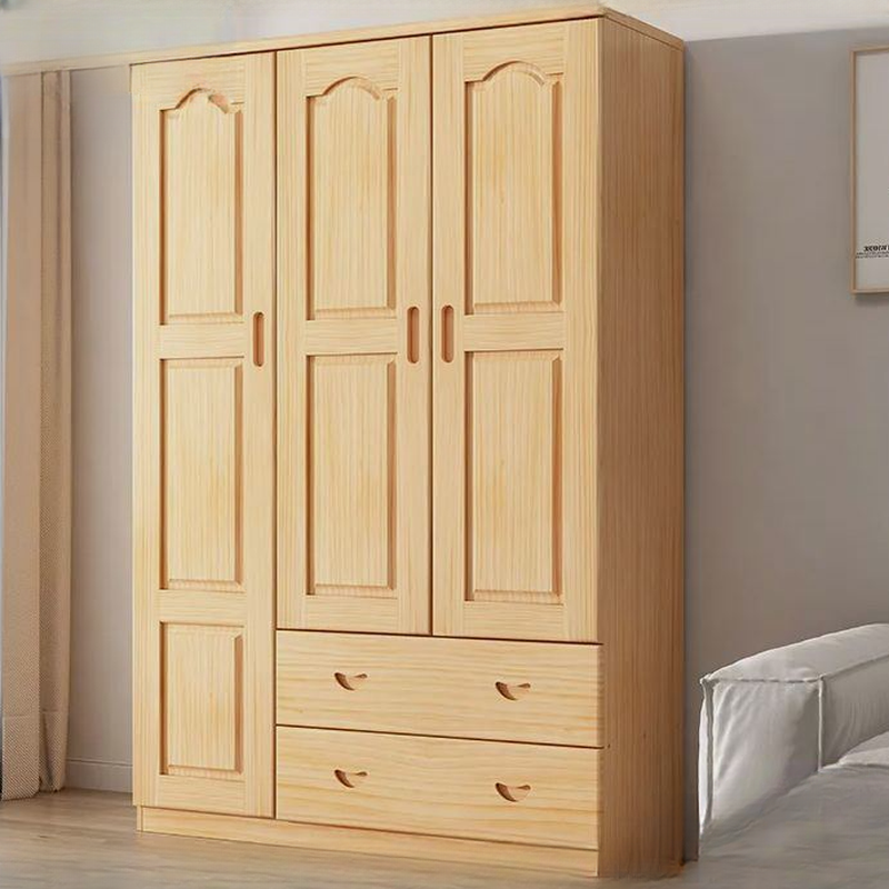 Natural Finish Modish Pine Wood Wardrobe Closet with Soft Close Drawer, Soft Close Door, Interior Shelves, and Clothing Rod