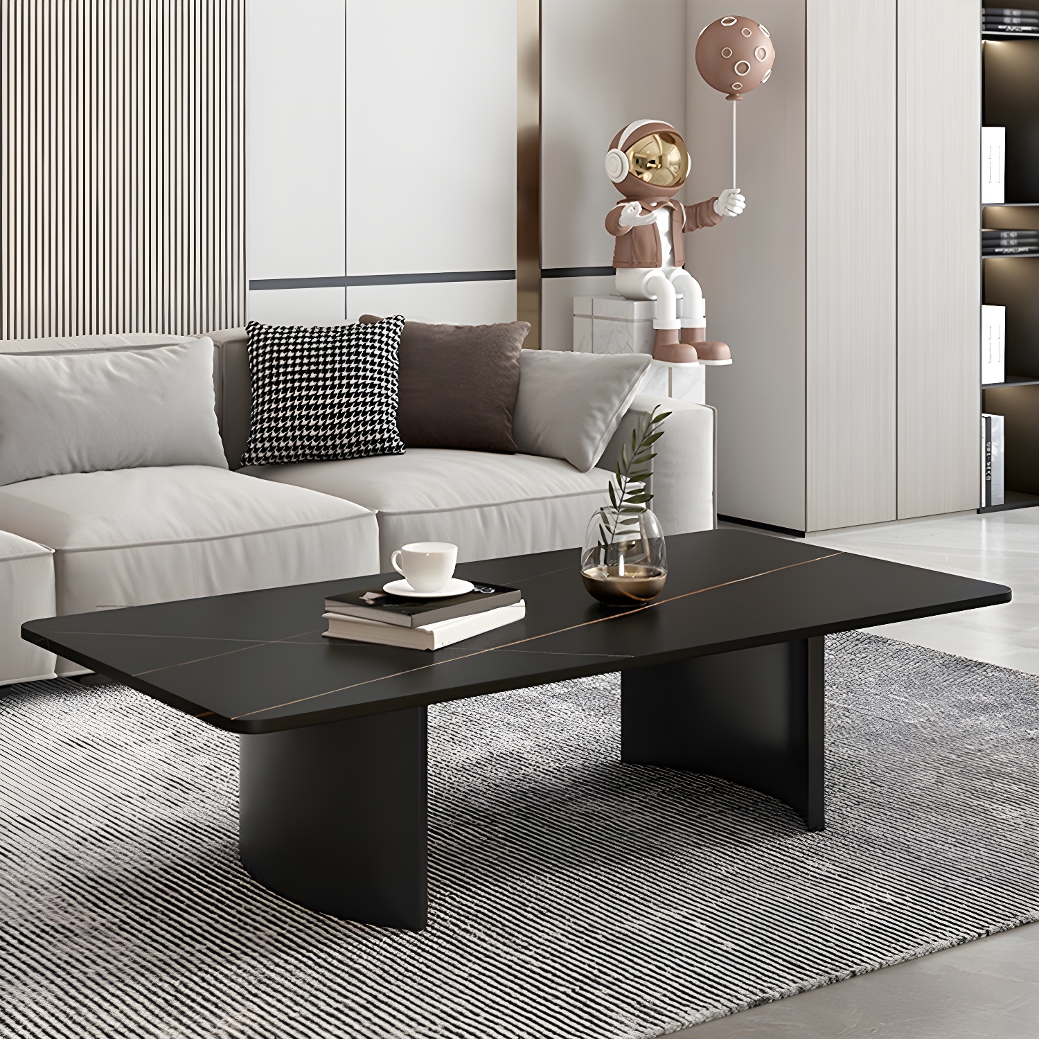 Glam 15.7" H Rectangle Slate Coffee Table Steel 2 Legs Cocktail Table