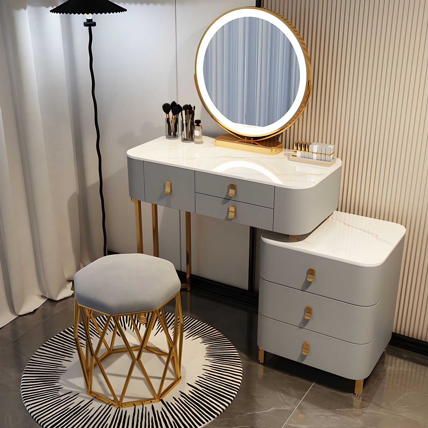 Contemporary Make-up Vanity with Stone Top and Storage Drawers