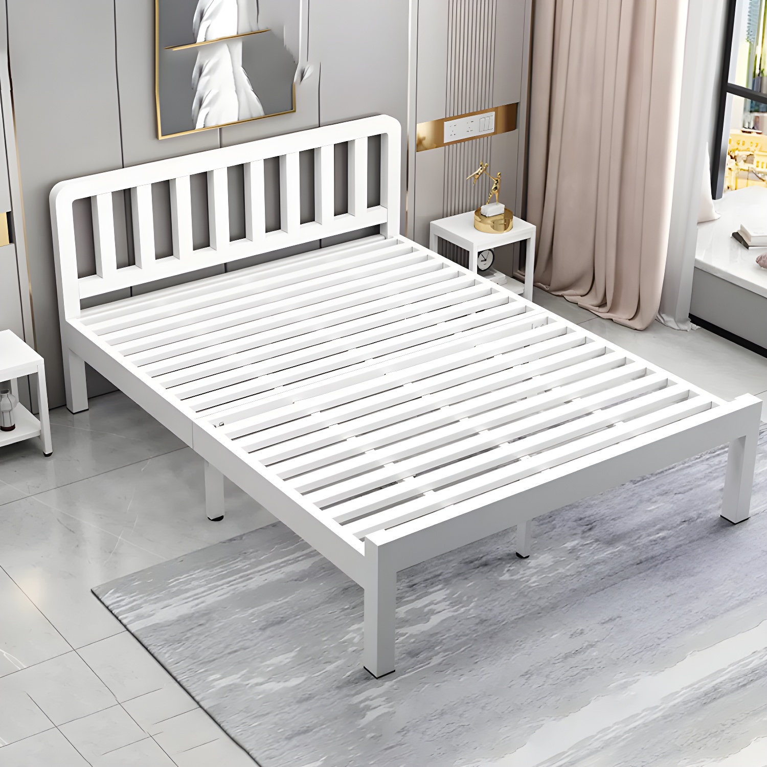 Contemporary Metal Bed Frame Solid Color Slat Bed with Custom Gold Legs - image 5