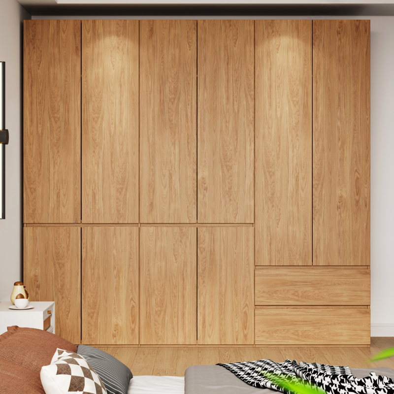 Wood Grain Minimalist Laminate Wardrobe Closet with Soft Close Drawer, Soft Close Door, Interior Shelves, and Clothing Rod