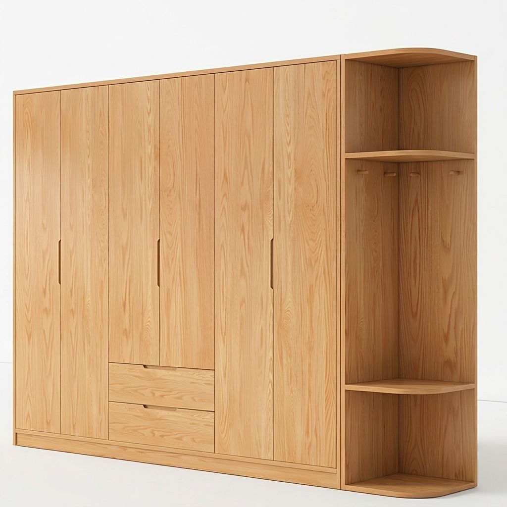 Modern Natural Wood Wardrobe Armoire with Sliding Doors, Drawers, and Shelves - image 87