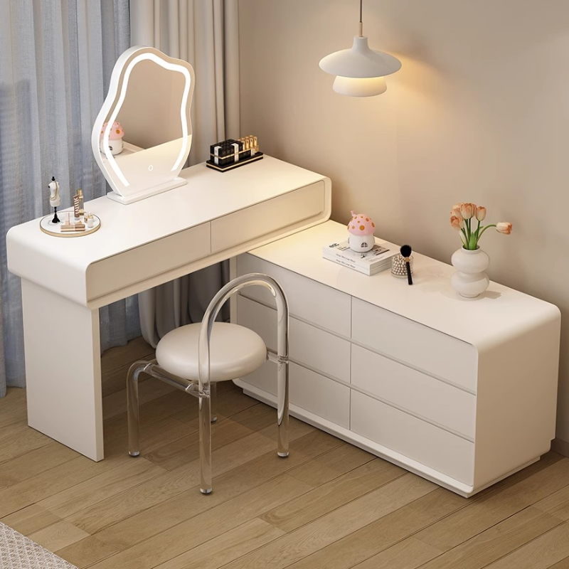 Simplistic Large Vanity Set with Lumber Table Top, White Seat, 8 Drawers, and Mirror Lights