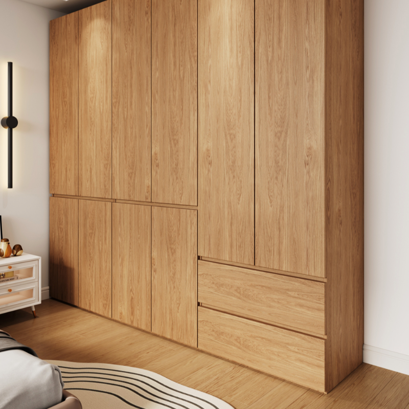 Wood Grain Minimalist Wooden Wardrobe Closet with Soft Close Drawer, Soft Close Door, Interior Shelves, and Clothing Rod